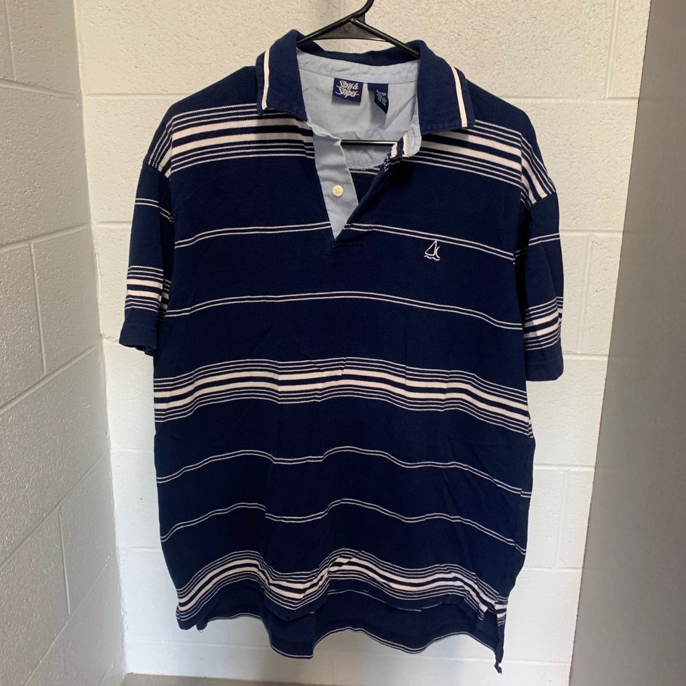 Vintage Stars & Stripes Mens Large Navy Blue White Striped Cotton Nautical Polo